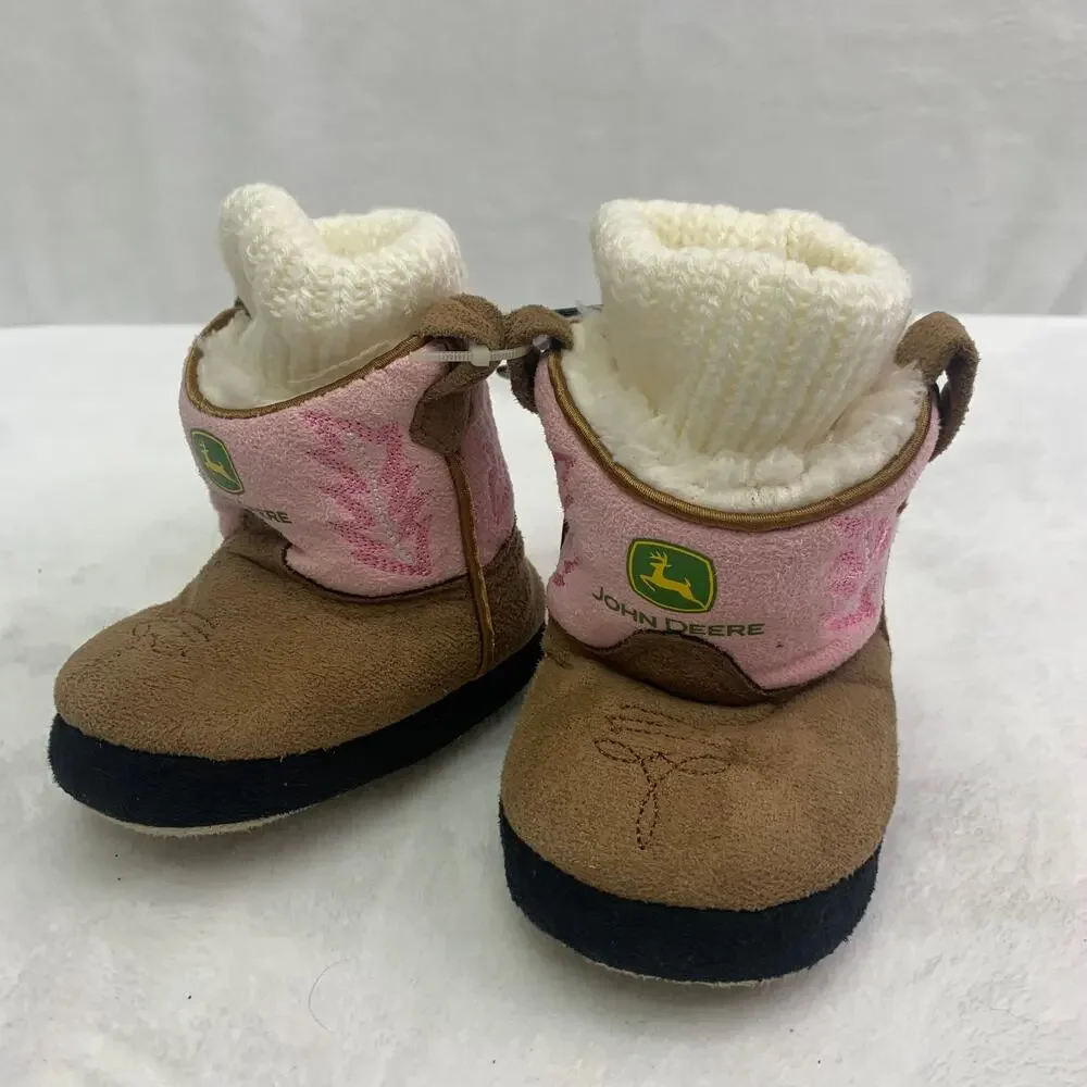 NWT John Deere Baby Girls Sz 6.5 Cowgirl Boot Slippers Pink Brown Sueded Booties